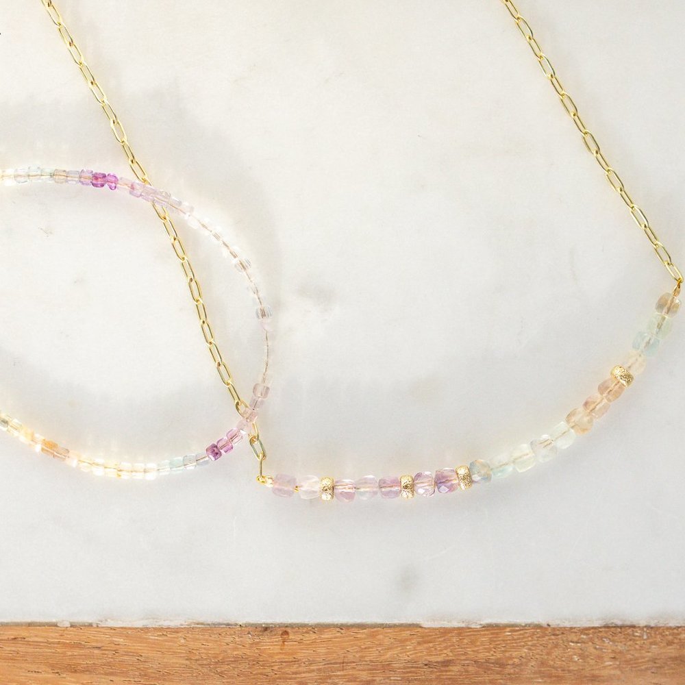 Pastel Gemstone Beaded Necklace Gold Paperclip Chain Waterproof Fluorite Crystal - Picture 4 of 13